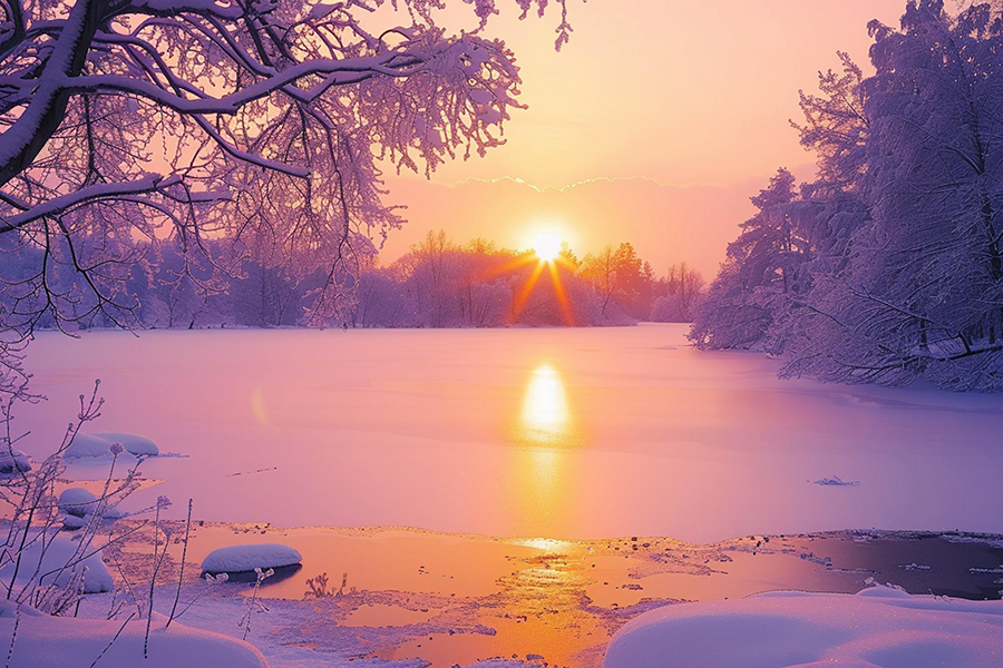 Winter Solstice, Winter Equinox, December 21, Winter Scene, Frozen Lake, Snow, Sun